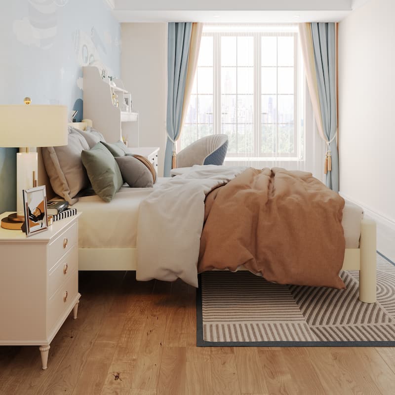 Queen Size Wood Platform Bed with Headboard, Solid Wood Legs, No Box Spring Needed, Beige