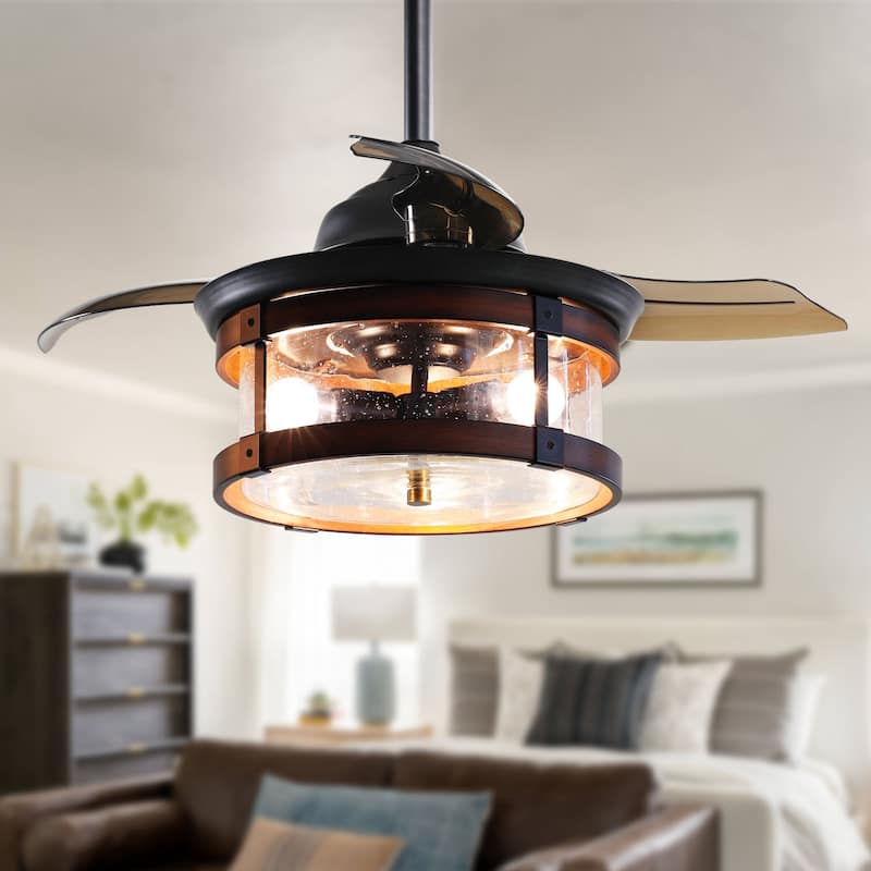 Industrial 3-Blade 3-Light Black and Brown Retractable Caged Ceiling Fan with Light Kit and Remote - 36 Inches