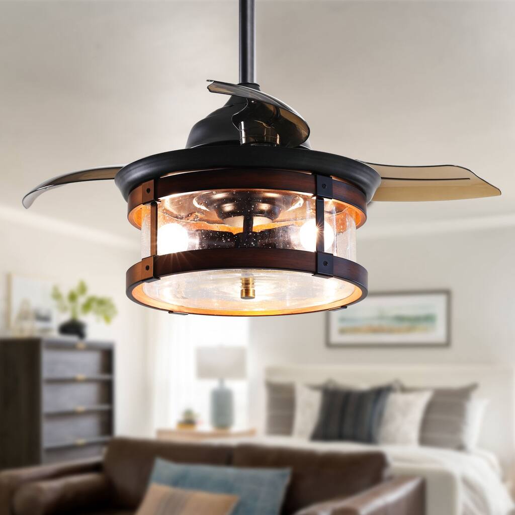 Industrial 3-Blade 3-Light Black and Brown Retractable Caged Ceiling Fan with Light Kit and Remote - 36 Inches