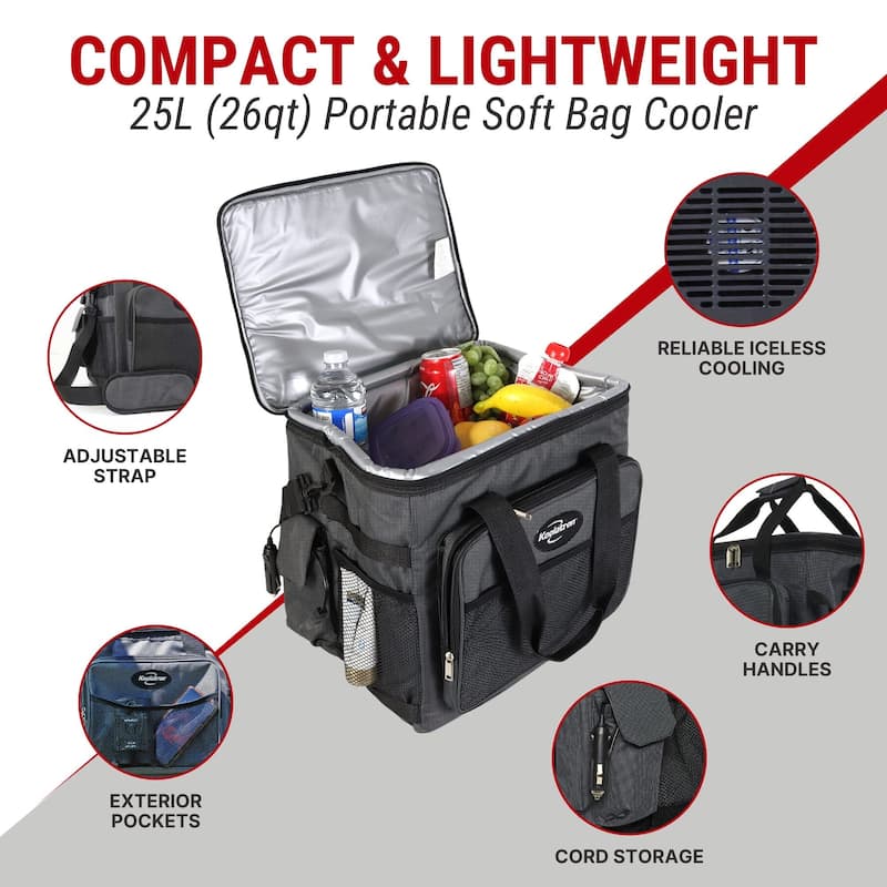 Koolatron 12V Portable Iceless Cooler Bag 25L/26 qt Black/Gray