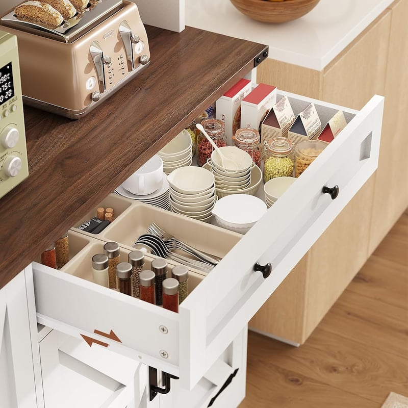 Farmhouse Kitchen Pantry Cabinet Drawer & Doors Adjustable Shelf