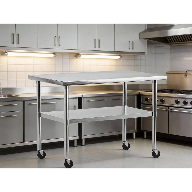 Heavy Duty Stainless Steel Work Table, with Wheels and Adjustable Bottom Shelf - 30*18"