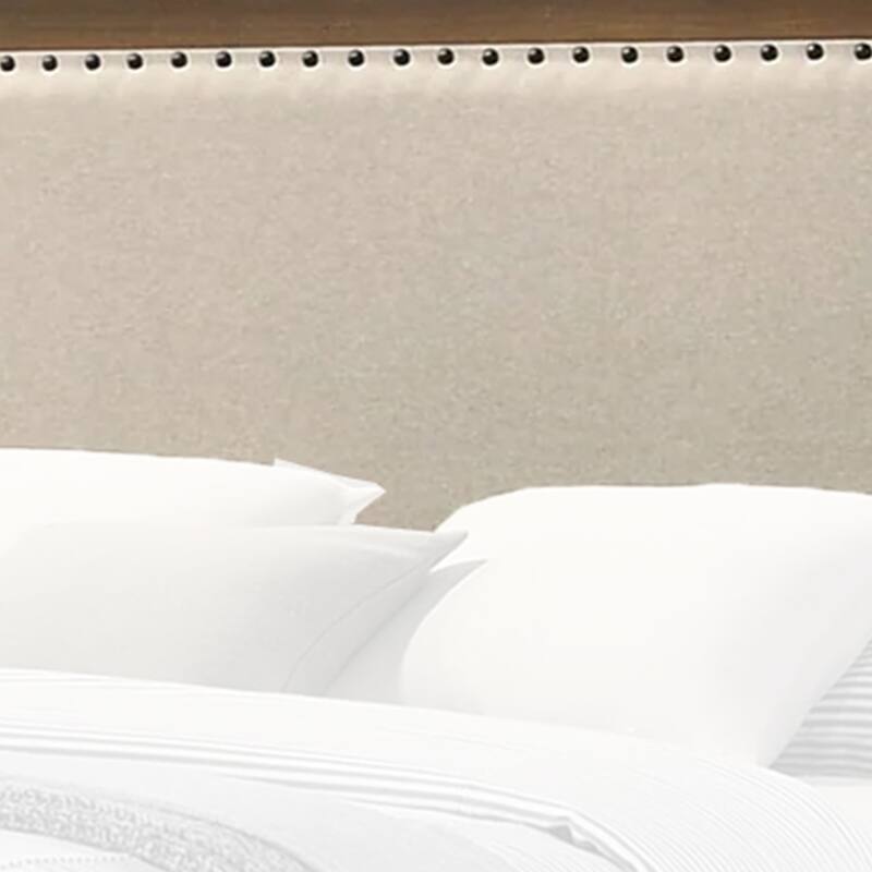 Shannon King Bed with Nailhead Trim, Ivory Fabric on, Cherry Brown Wood