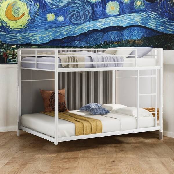 slide 2 of 32, Full Over Full Convenient Metal Bunk Bed,Low Bunk Bed With Ladder for Home White