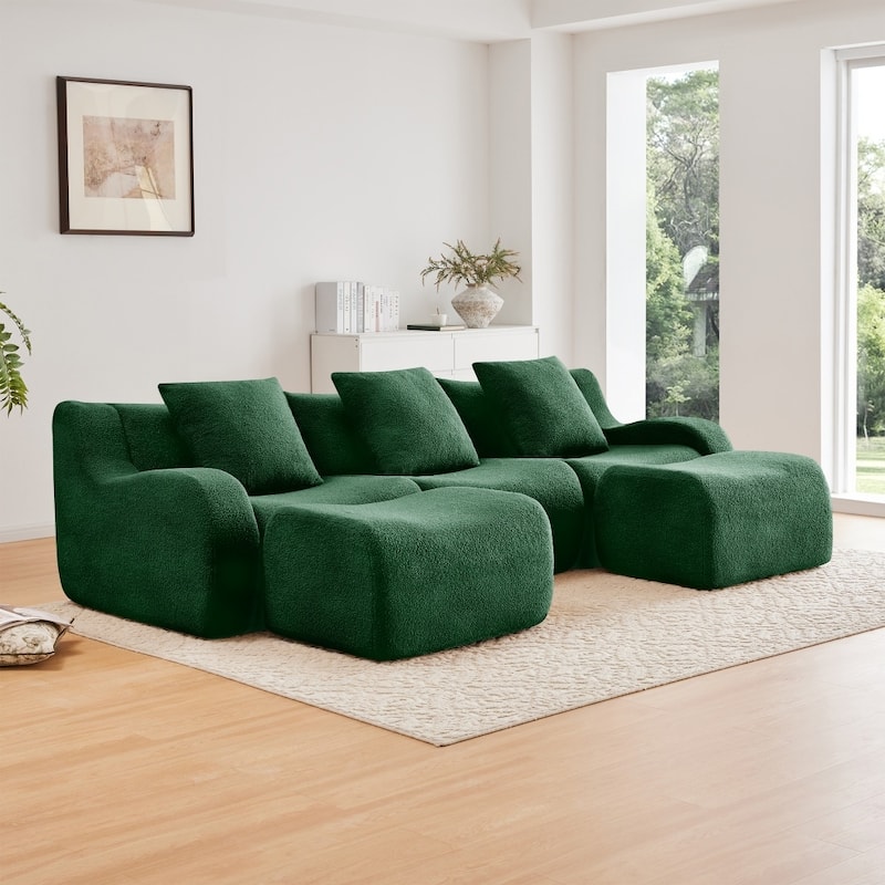 115.3" U-shaped Soft Teddy Fabric Boneless Sectional Sofa for Relaxed