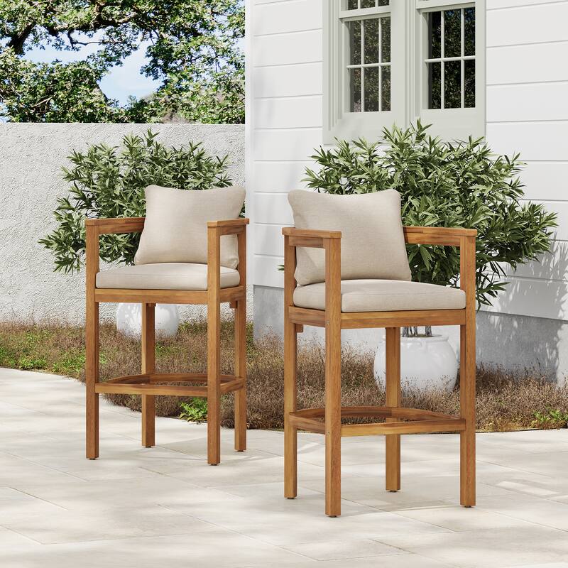 Roomfitters Abaco Outdoor Acacia Wood Barstools with Cushions, Teak Finish and Beige Set of 2