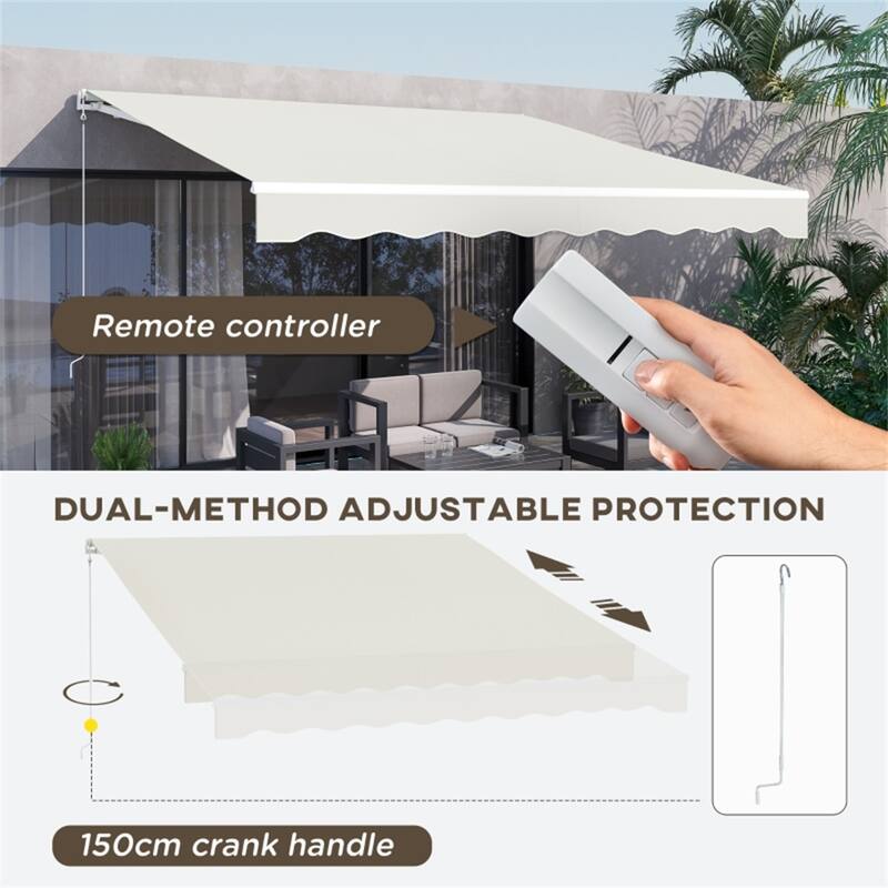 Cream White Aluminum Steel Polyester Patio Awning with Remote and Tilt - 118" L x 141.75" W