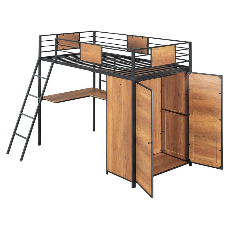 Twin Size Loft Bed with Ladder and L-Shaped Desk, Multifunctional Kids Teens Bed Frame with Storage Shelves and Wardrobe