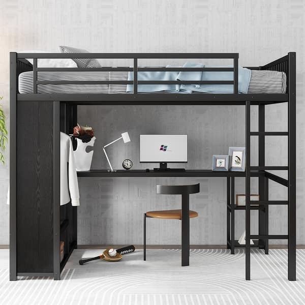 slide 2 of 10, Loft Bed Frame with Built-in Wardrobe, Metal Loft Bed with Desk and Storage Shelves, Black Full XL