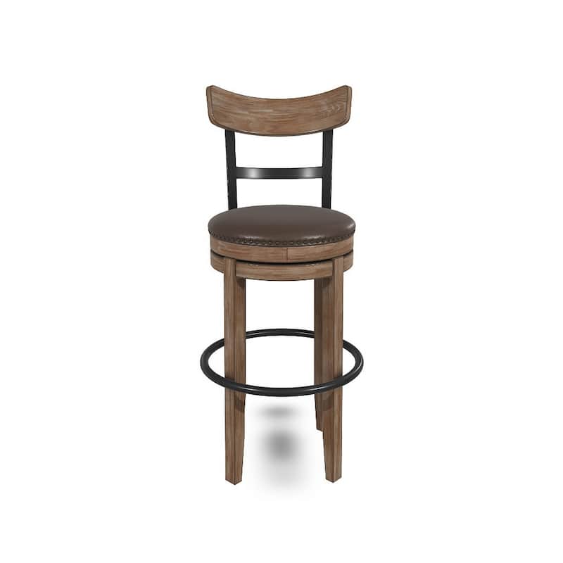 Pine Swivel Barstool Chair, 31 Inch, Industrial Brown Faux Leather