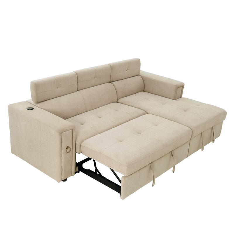 L-Shaped Pull Out Sofa Bed Modern Convertible Sleeper Sofa with 2 USB ports, 2 Power Sockets and 3 Pillows