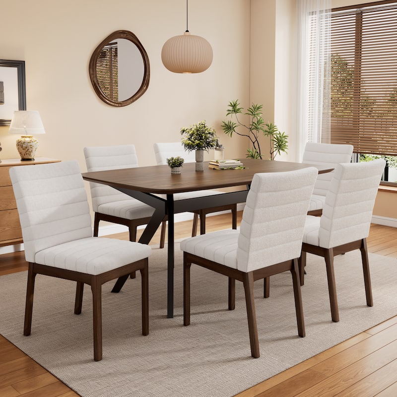 Rectangular Dining Table Set with Rubberwood Table Upholstered Chairs, Optional 5-Piece or 7-Piece - Light Beige - 7-Piece