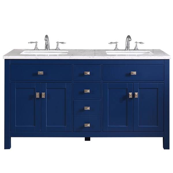 Totti Memphis 60 Blue Transitional Double Sink Bathroom Vanity W White Carrara Style Man Made Stone Top Overstock