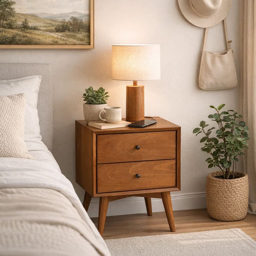 Mid Century 26 Inch Nightstand, 2 Drawers, Mahagony Wood Chestnut Brown