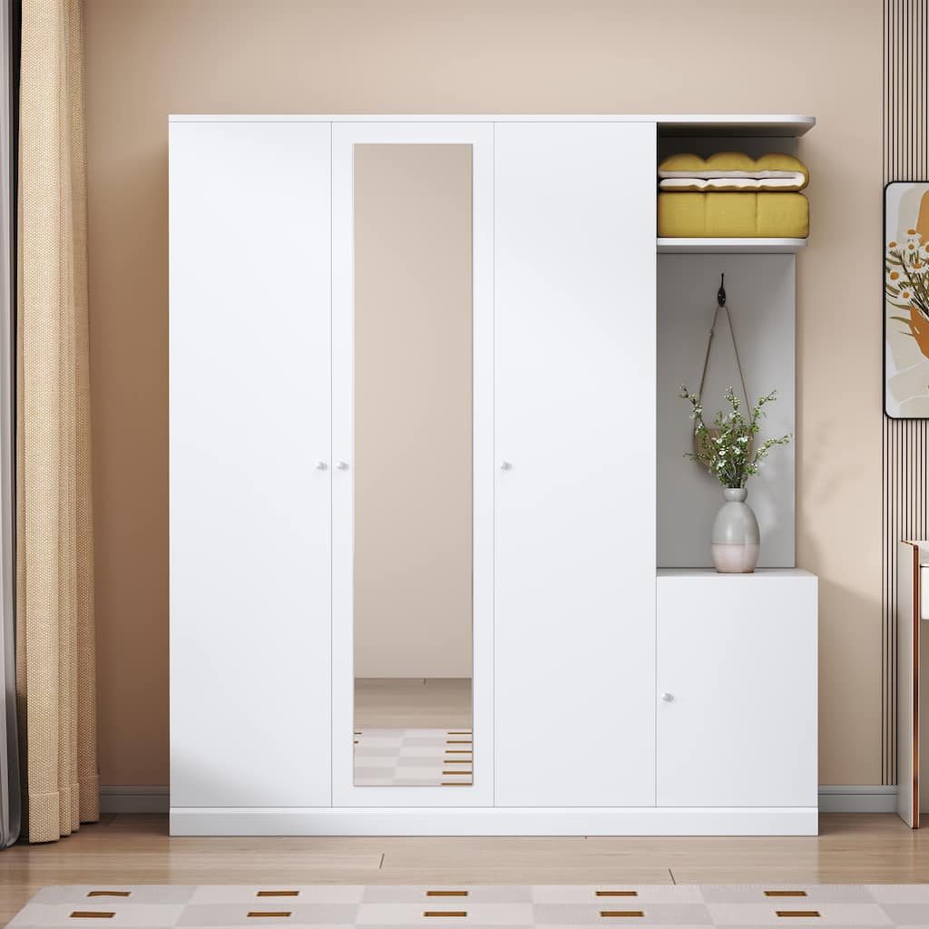 4-Door Wardrobe with Shelves, Drawers, and Full-Length Mirror, White