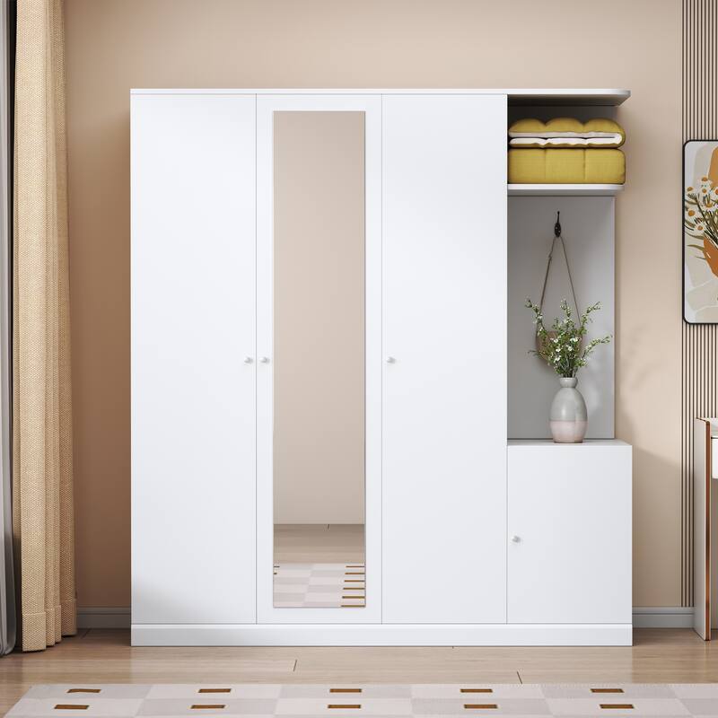4-Door Wardrobe with Shelves, Drawers & Full-Length Mirror - White