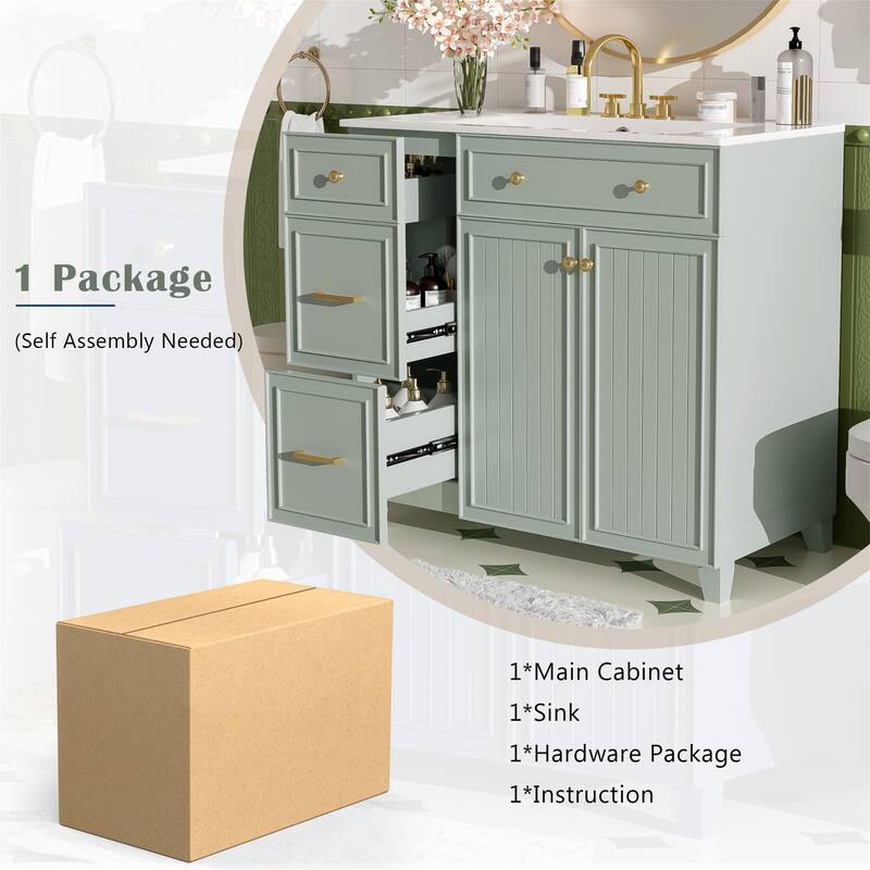 36 inch Bathroom Vanity with Ceramic Sink, Soft Close Doors, Shelves