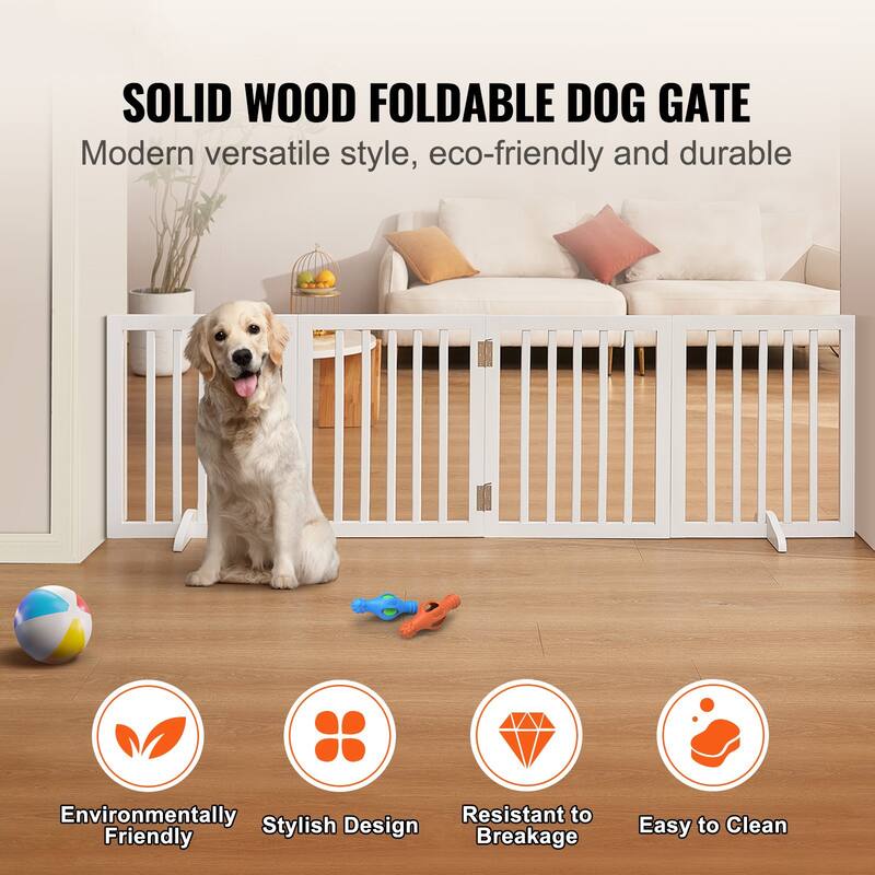 4 Panels Wooden Freestanding Foldable Dog Gate Stand with Footpads Ideal for Indoor Pets - 80.31 x 9.65 x 24.02 in