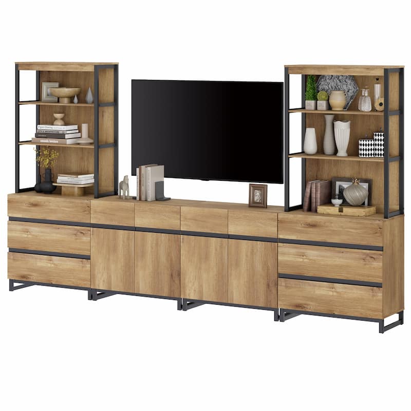 WAMPAT Modern Entertainment Center with 3 Tiers Bookshelf, Farmhouse TV Stand with 2 Storage Cabinets and 6 Drawers
