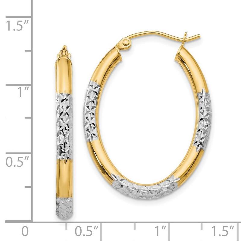 Curata 14k Yellow Gold 32x3mm Rhodium Sparkle Cut Oval Hoop Earrings