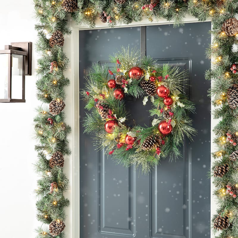24"D Pre-Lit Ball Berry Holly Pinecone & Ornament Wreath with Brown Window Frame Set