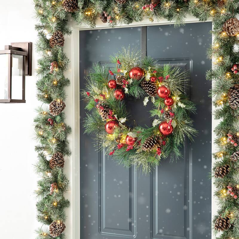 Glitzhome 24"D Lit Frosted Ball Berry Holly Pine Pinecone Wreath With Lights