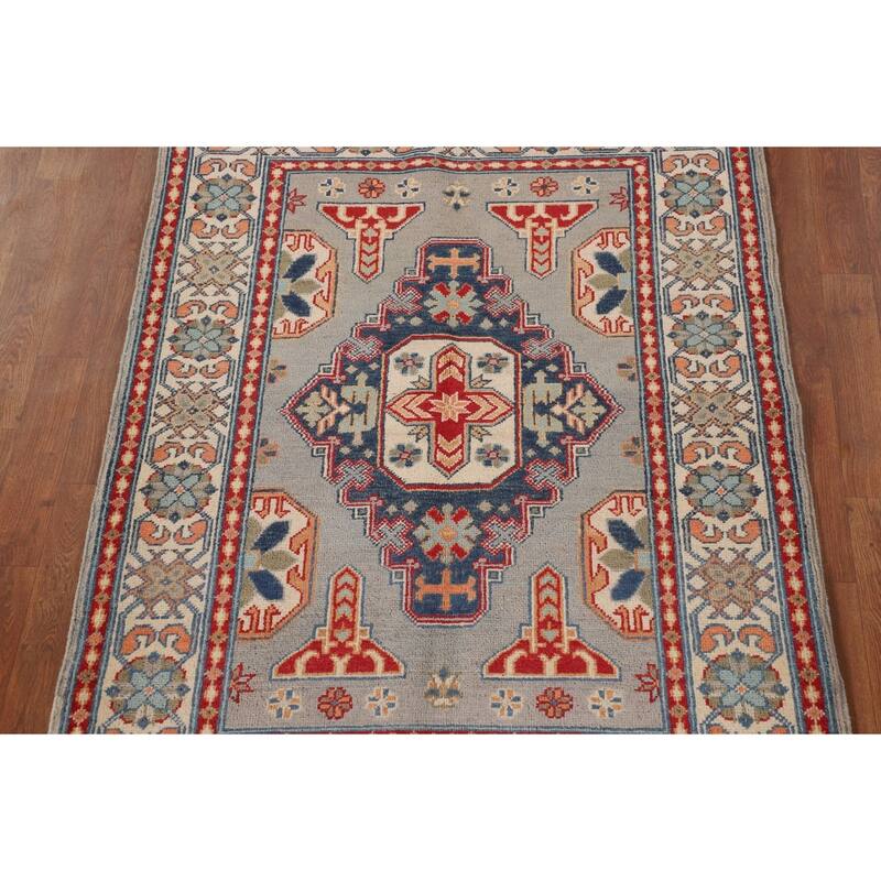Kazak Oriental Accent Rug Handmade Gray Geometric Wool Carpet - 3'7"x 4'10"