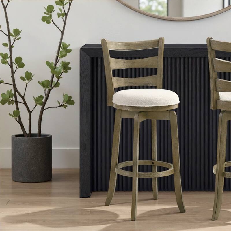 Melindra White Boucle Swivel Bar Stool, Upholstered Counter Stool with Solid Wood Legs