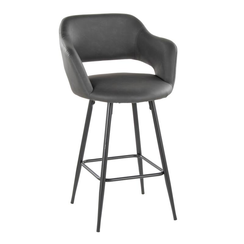 Porch & Den Vallen 26" Fixed-Height Faux Leather Counter Stool with Metal Legs & Square Footrest (Set of 2) - Grey Faux Leather/Black Metal