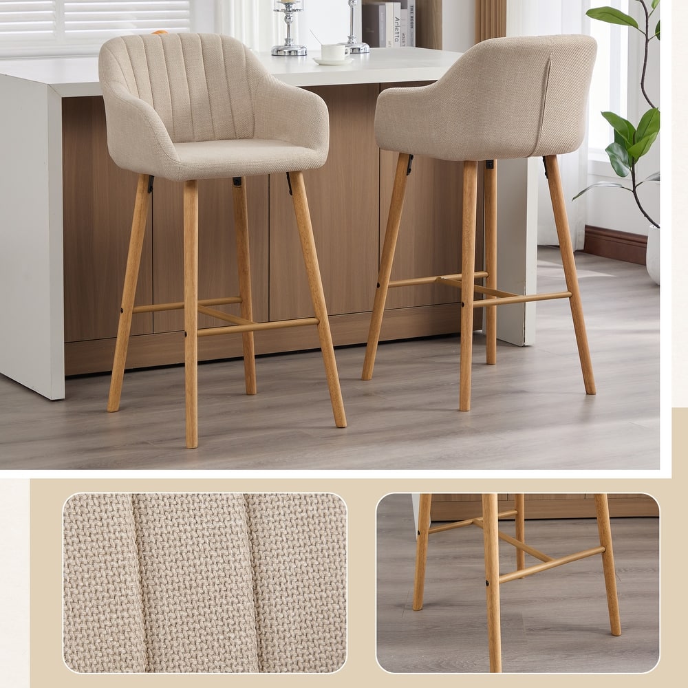 Modern Bar Stools Set of 2, Kitchen Island Tall Chairs with Back, Arm, Footrest and Solid Wood Leg, Upholstered Bar Stools