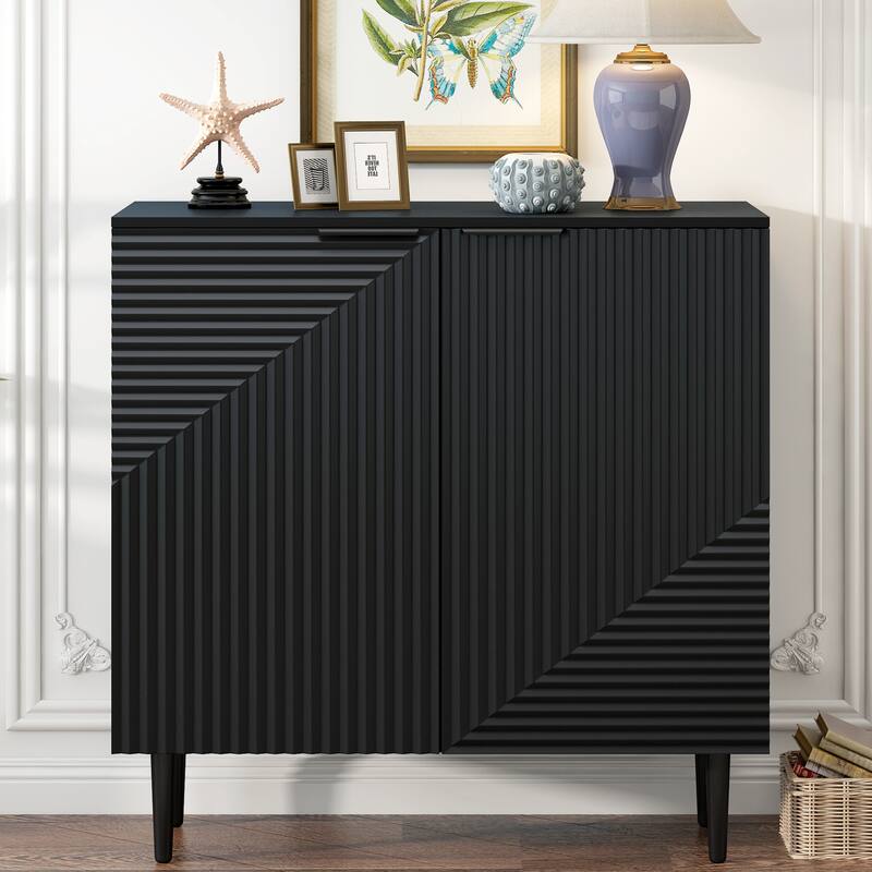 Accent Cabinet Side Cabinet with Geometric Door, Exquisite Buffet Cabinet Console Cabinet Hallway Cabinet - Black