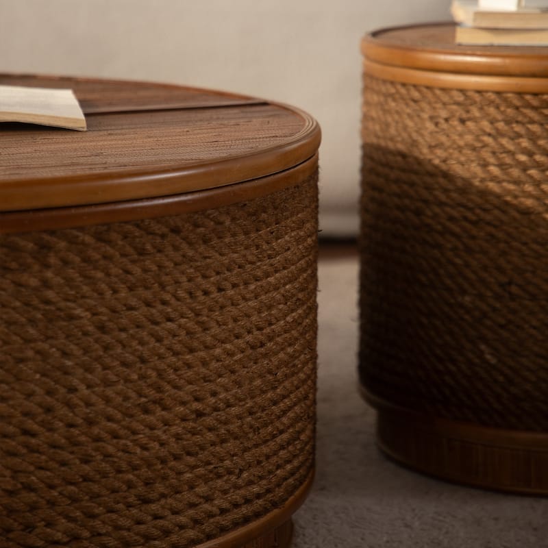 Round Rattan Coffee Table with Lift-Off Lid Storage