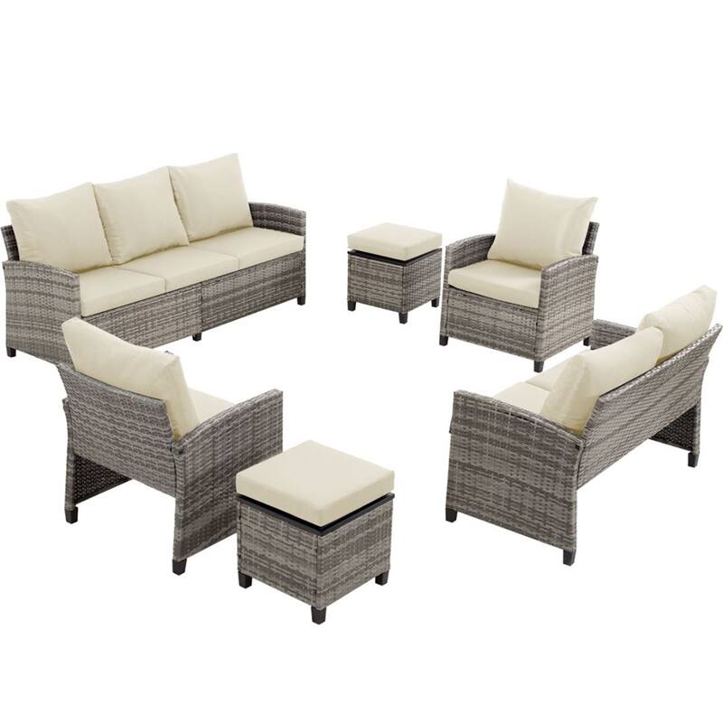 6pcs Wicker Patio Conversation Set Seating Loveseat Sofa with Ottomans