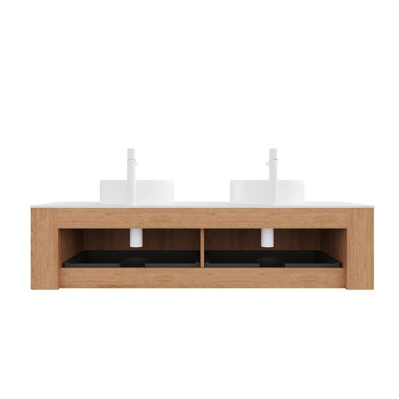 GDFStudio - Dina 60" Floating Bathroom Vanity with Striped Curved Drawers & 2 White Round Ceramic Basins, WITHOUT Faucet