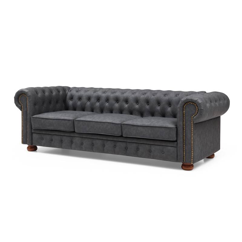 Vintage Faux Leather Chesterfield Sofa - Durable 3-Seater with Solid Wood Frame and Bronze Nails