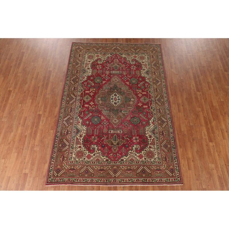 Geometric Pink Tabriz Persian Vintage Rug Hand-Knotted Wool Carpet - 6'7"x 9'9"