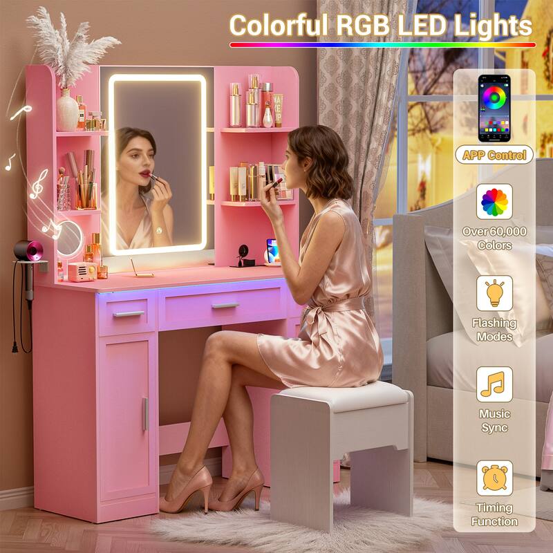 Modern Farmhouse Vanity Table with LED Mirror, Makeup Vanity Desk with Drawer, Cabinet, and Shelves