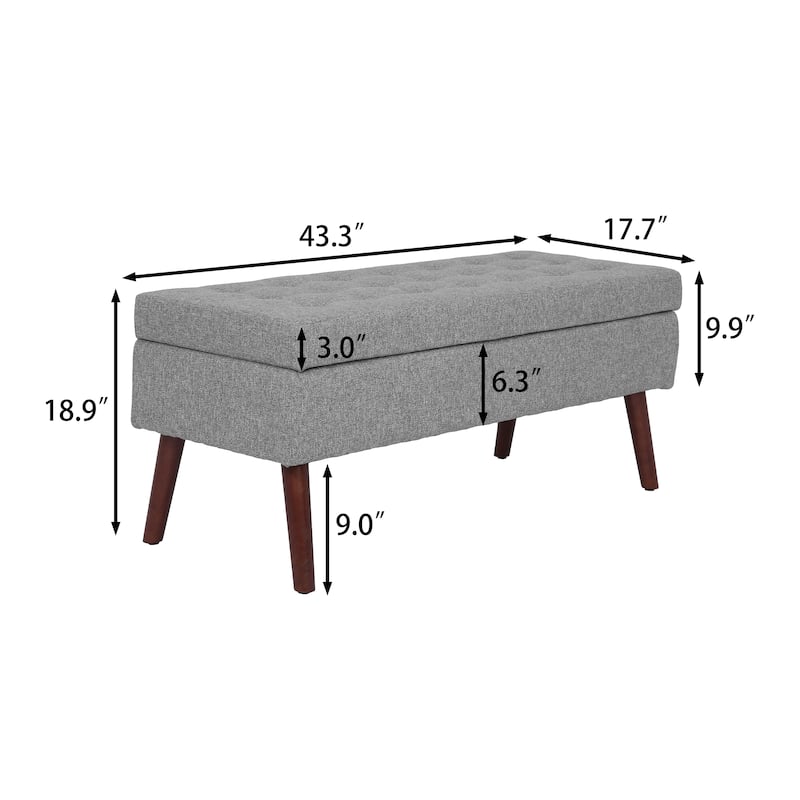 Linen Tufted Storage Bench with Safety Hinge and Wood Legs