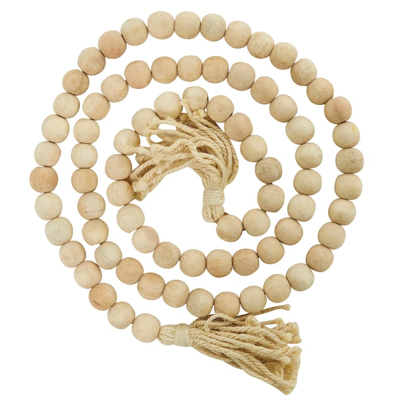 Bohemian Natural Wood Bead Garland with Cotton Tassels - 80 x 1 - Natural - Round