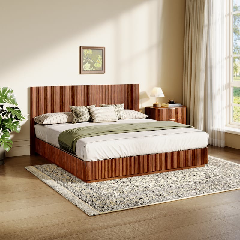 Low Profile Bed Frame with High Headboard, LED Light Strip Under Bed, Wooden Corrugated Curved Platform Bed, Metal Frame Support