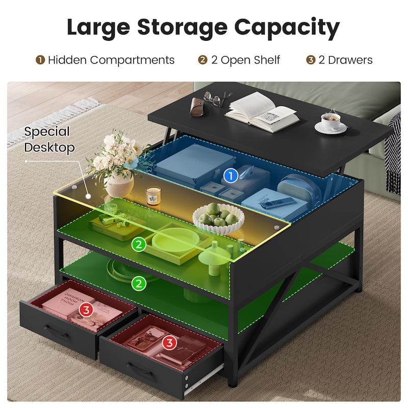 Coffee Table Lift Top 2 Drawers Hidden Compartment for Living Room