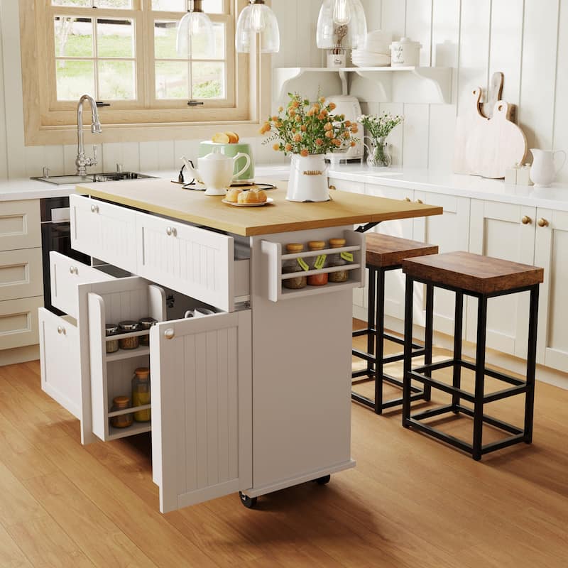 Farmhouse Kitchen Island on Wheels with Drop Leaf, 2 Seating & Power Outlet