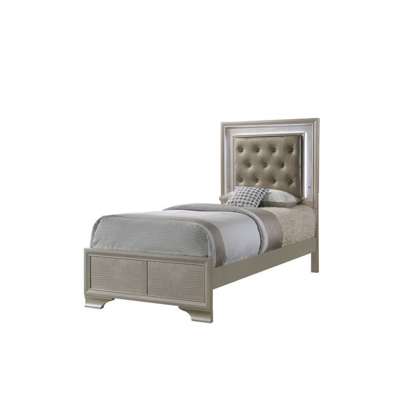 Kym Champagne LED Faux Leather Upholstered Tufted Panel Bed - Twin