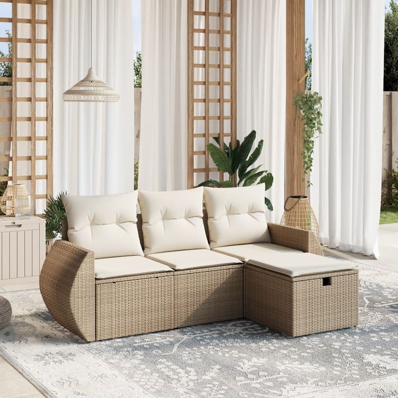 vidaXL Patio Sofa Set with Cushions Outdoor Furniture 4 Piece Poly Rattan - Beige and cream Large