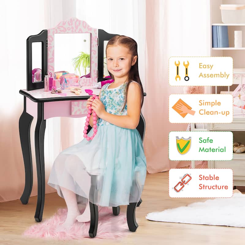 Costway Kid Vanity Set Wooden Makeup Table Stool Tri-Folding Mirror - See Details