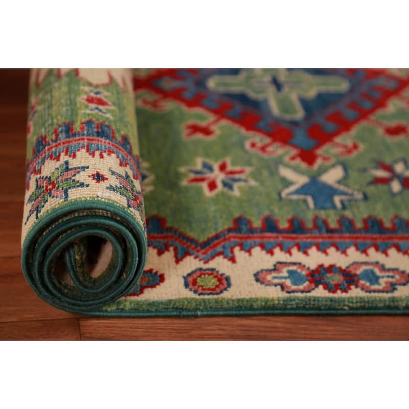 Green Kazak Foyer Rug Traditional Handmade Wool Carpet - 2'7"x 4'1"