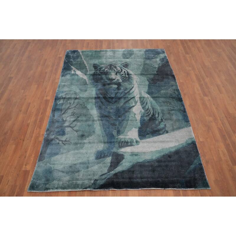Hand Knotted Oriental Viscose Silk Carpet Modern Animal Pictorial Green Abstract Area Rug - 7' 10'' X 5' 8''