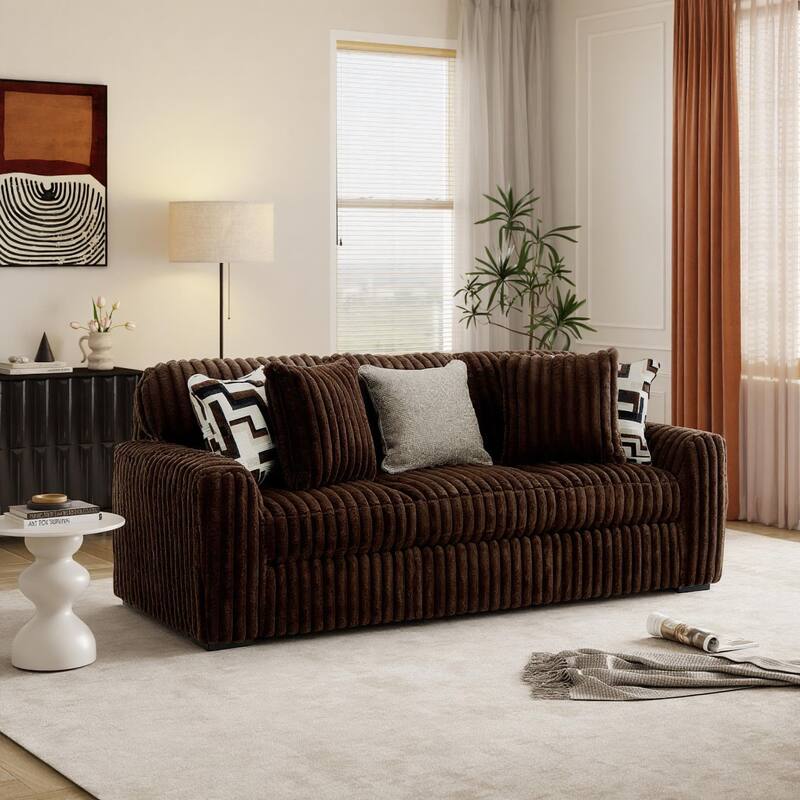 Roundhill Furniture Solenne Oversized Modern Sofa with Jumbo Corduroy Upholstery, Reversible Cushions, and Five Accent Pillows