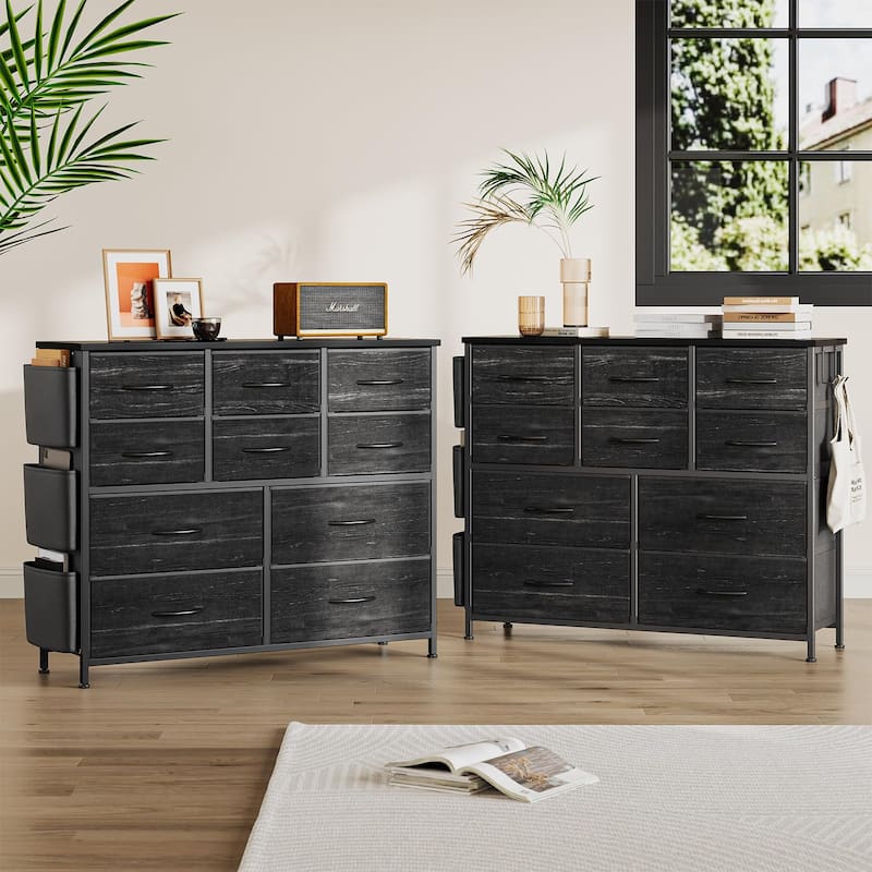 Fabric 10 Drawer Dresser for Bedroom, Metal Frame Storage Organizer Chest with Side Pockets, Hooks