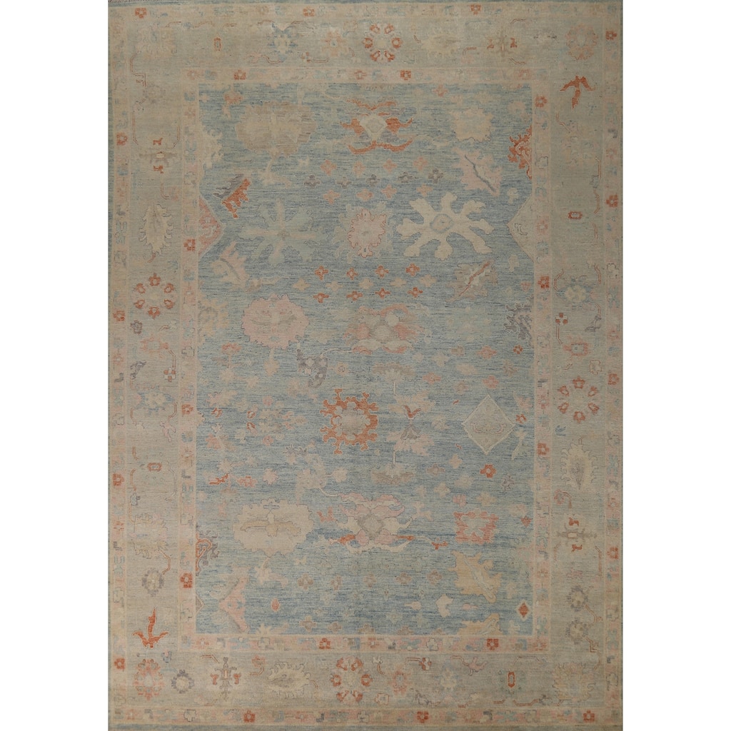 Light Blue Vegetable Dye Oushak Turkish Area Rug Handmade Wool Carpet - 8'9"x 11'8"